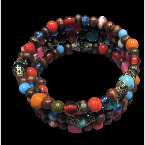 Bohemian Rainbow Festival Beaded Coil Bracelet - Picture 2 of 10